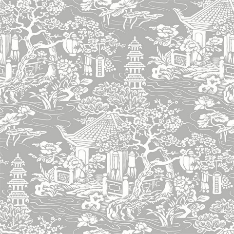 Grey & White Commercial Oriental Scenic Wallpaper