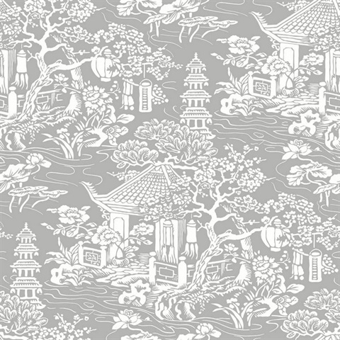 Grey & White Commercial Oriental Scenic Wallpaper