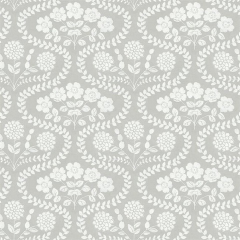 Grey & White Folksy Floral Wallpaper