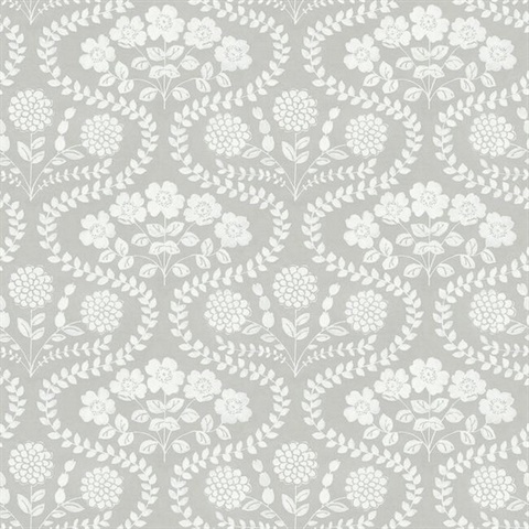 Grey & White Folksy Floral Wallpaper