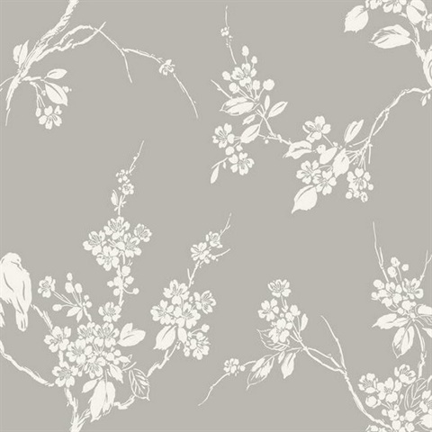 Grey & White Imperial Floral Blossoms Branch Prepasted Wallpaper