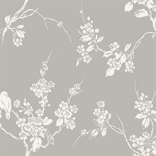 Grey & White Imperial Floral Blossoms Branch Prepasted Wallpaper