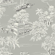 Grey & White Old Colonial Charleston Town Toile Wallpaper