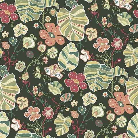 Gwyneth Dark Green Boho Chic Pop Floral Wallpaper