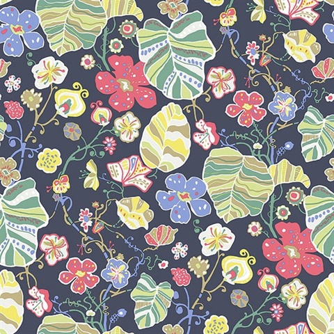 Gwyneth Navy Boho Chic Pop Floral Wallpaper