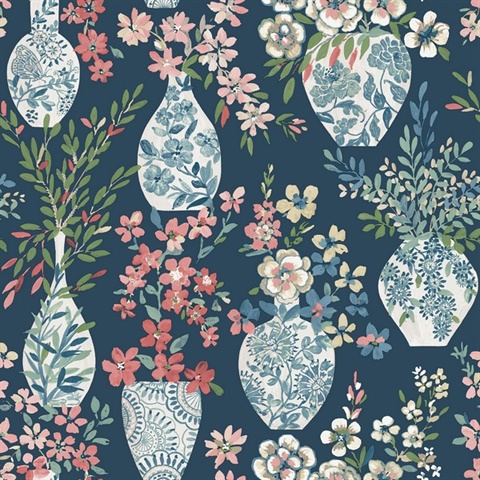 Harper Teal Painterly Floral Vase Wallpaper