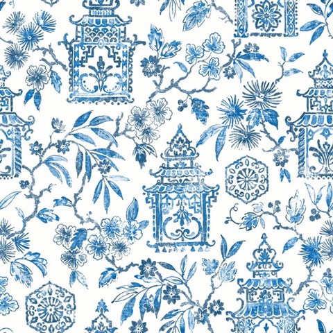 Helaine Blue Asian Pagoda Toile Wallpaper