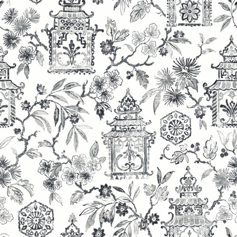 Helaine Charcoal Asian Pagoda Toile Wallpaper