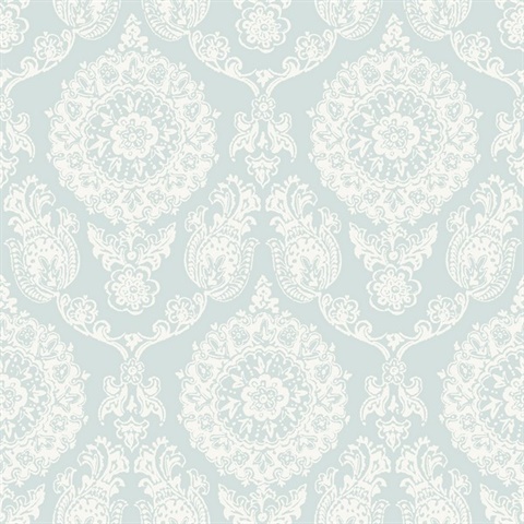 Helm Damask Aqua Floral Medallion Floral Damask Wallpaper