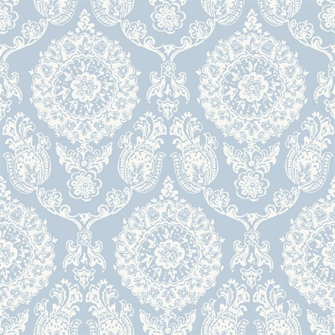 Helm Damask Light Blue Floral Medallion Floral Damask Wallpaper