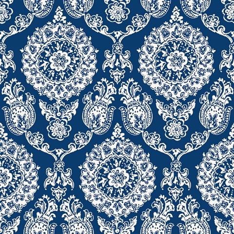 Helm Damask Navy Floral Medallion Floral Damask Wallpaper