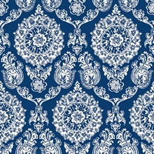 Helm Damask Navy Floral Medallion Floral Damask Wallpaper