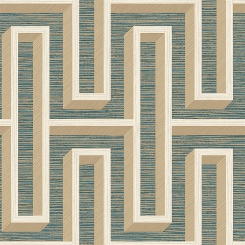 Henley Teal Foiled Geometric Art Deco Grasscloth Wallpaper