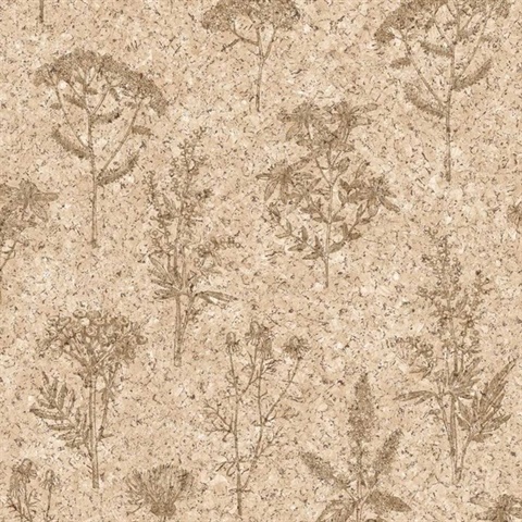Herbarium Hues Herbs and Grass Natural Light Cork Texture Wallpaper