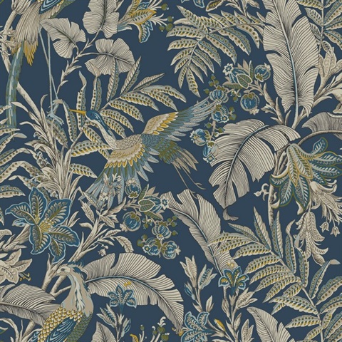 Heronwood Navy Floral & Birds Wallpaper