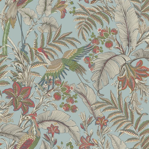 Heronwood Sky Blue Floral &amp; Birds Wallpaper