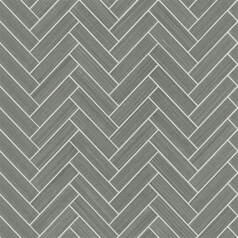 Herringbone Inlay Graphite & Metallic Silver Peel and Stick Wallpaper