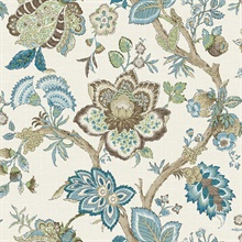 Hickory Smoke &amp; Blue Bell Large Floral &amp; Leaf Bernadette Jacobean Wall