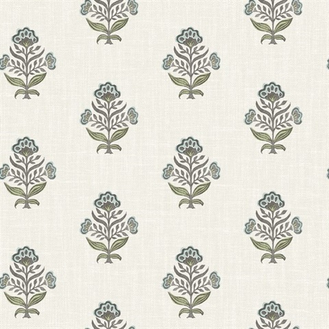 Hollyhock Aqua Floral Crest Wallpaper