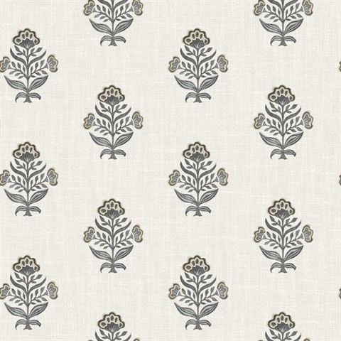 Hollyhock Black & Light Beige Floral Crest Wallpaper