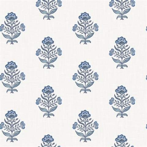 Hollyhock Blue Floral Crest Wallpaper
