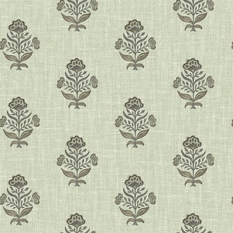 Hollyhock Green Floral Crest Wallpaper
