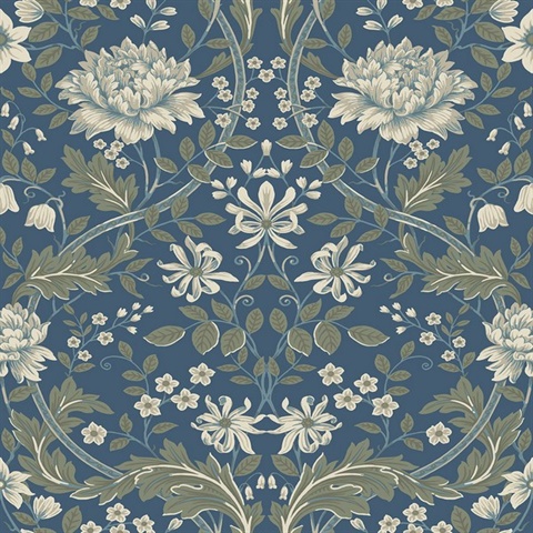 Honeysuckle Floral Ogee Prussian Blue Wallpaper