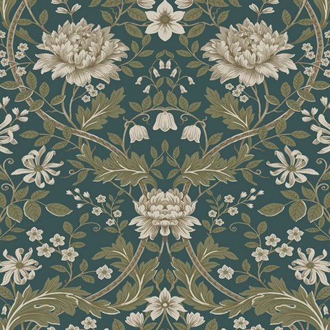 Honeysuckle Trail Floral Teal & Moss Green Peel and Stick Wallpaper