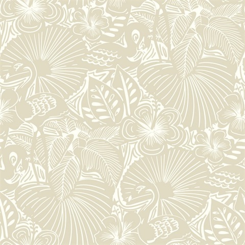 Idalia Beige Floral Flamingo Wallpaper
