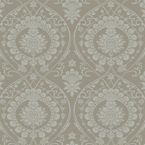 Imperial Mink and Silver Damask Metallic Wallpaper