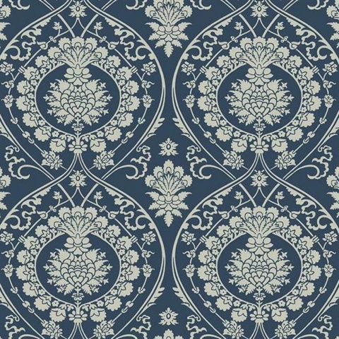 Imperial Navy Blue and Silver Damask Metallic Wallpaper