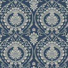 Imperial Navy Blue and Silver Damask Metallic Wallpaper