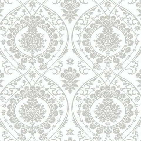Imperial White and Silver Damask Metallic Wallpaper