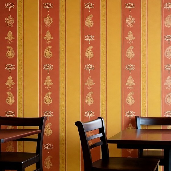 Indian Bengal Stripe with Indian Motifs Commercial Wallpaper