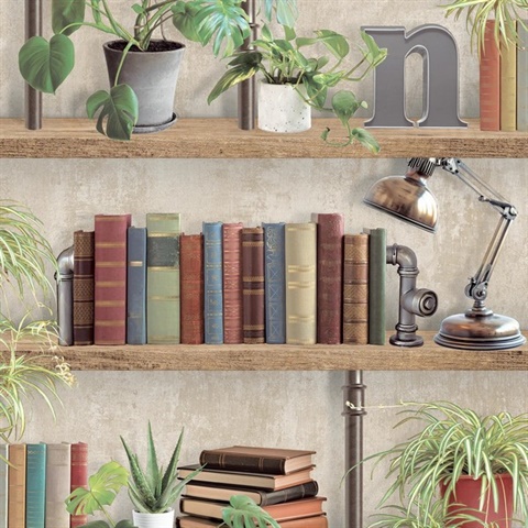 Industrial Book Nook Brown Wallpaper