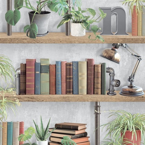 Industrial Book Nook Grey Wallpaper