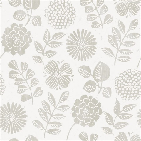 Inge Light Grey Medium Scale Floral Block Print Wallpaper