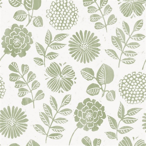 Inge Moss Medium Scale Floral Block Print Wallpaper
