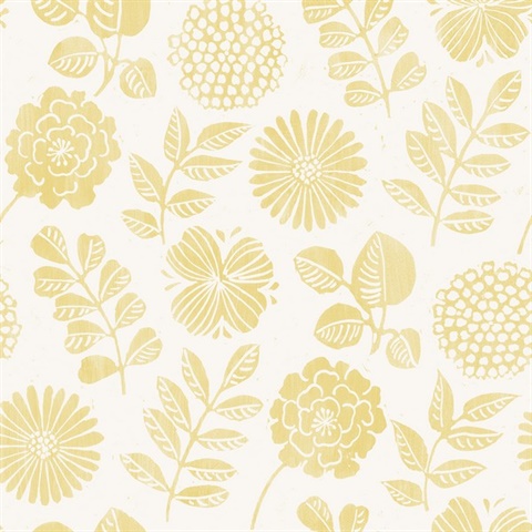 Inge Yellow Medium Scale Floral Block Print Wallpaper
