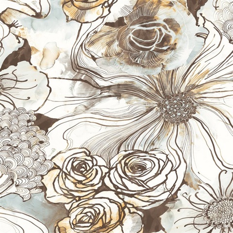 Ink Rose Floral Mocha & Blue Mist Peel and Stick Wallpaper