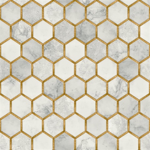 Inlay Hexagon Tile Alaska Grey & Metallic Gold Peel and Stick Wallpape