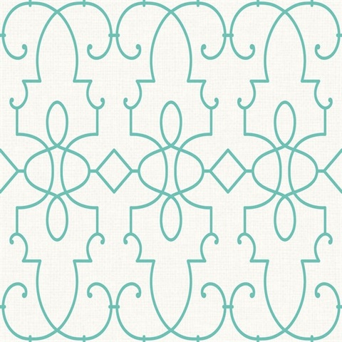 Ivory & Turquoise Commercial Ironwork on Paperweave Wallpaper