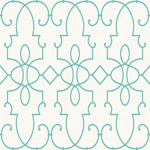 Ivory & Turquoise Commercial Ironwork on Paperweave Wallpaper