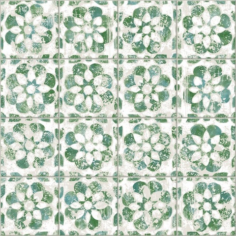 Izeda Green Floral Distressed Floral Faux Tile Wallpaper