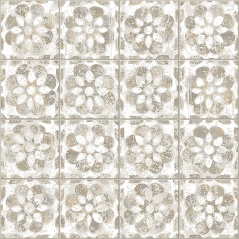 Izeda Taupe Floral Distressed Floral Faux Tile Wallpaper
