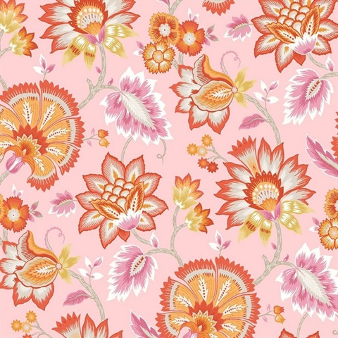 Jacobean Blossom Floral Floral Bubblegum Pink Peel and Stick Wallpaper