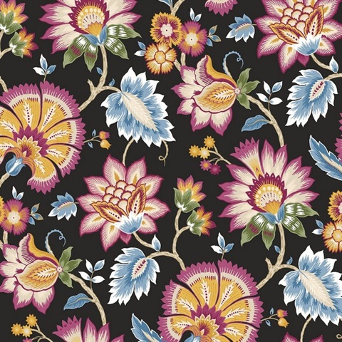 Jacobean Blossom Floral Floral Cosmic Black Peel and Stick Wallpaper