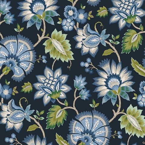 Jacobean Blossom Floral Floral Midnight Blue Peel and Stick Wallpaper