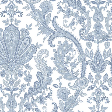 Jacobean Blue & Pearl White Paisley Wallpaper