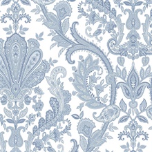 Jacobean Blue &amp; Pearl White Paisley Wallpaper